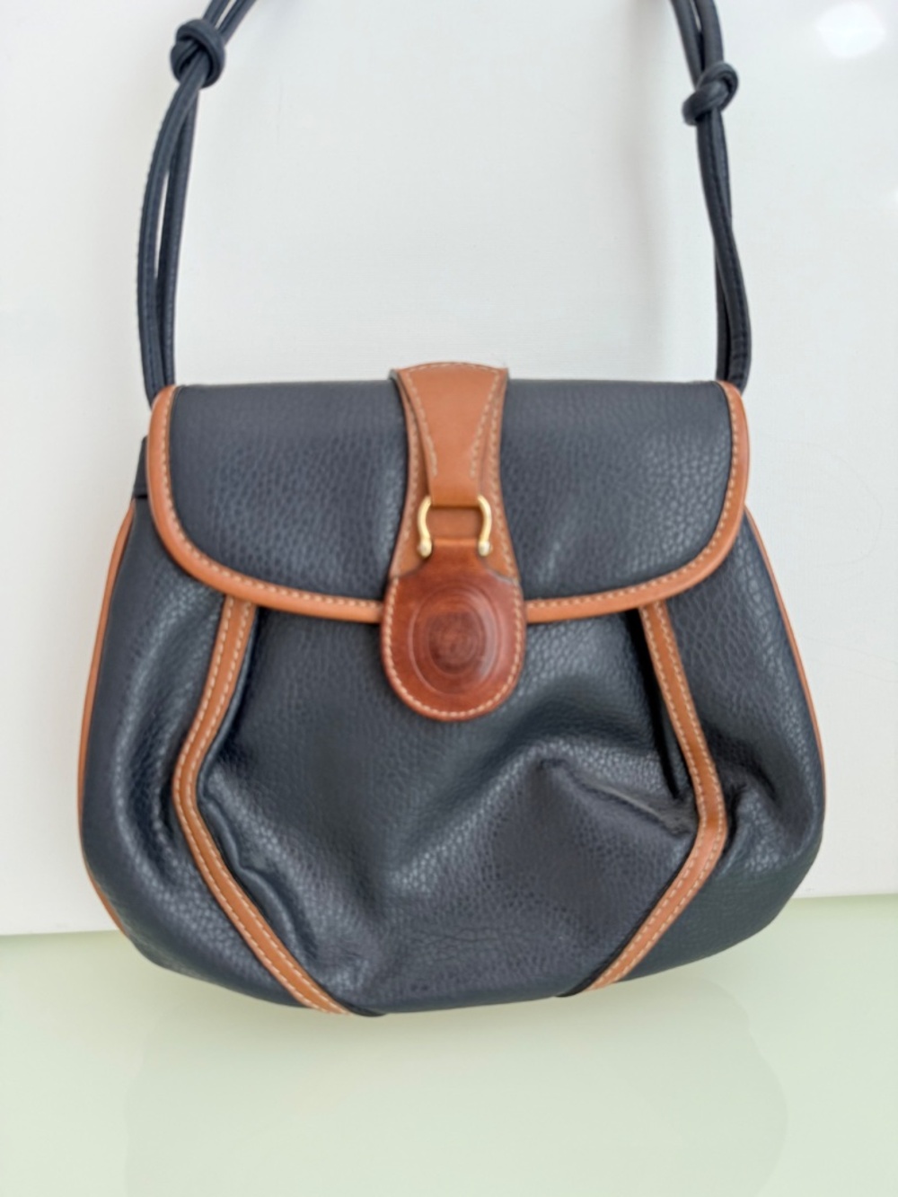 Oggi Domani Navy Blue Brown Trim Crossbody Shoulder Bag Vintage Classic